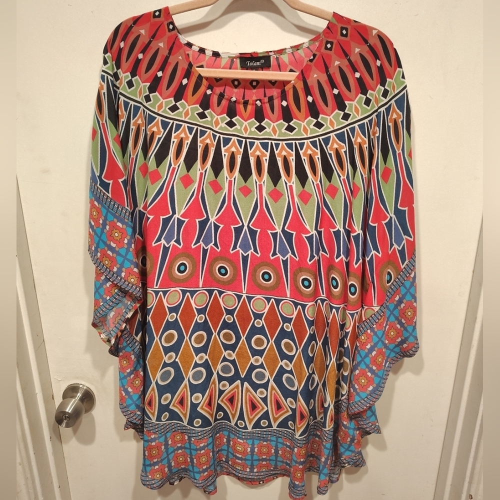 Tolani Colorful Silk Kaftan Style Tunic Top Mini Dress Sz L Beach Cover Up